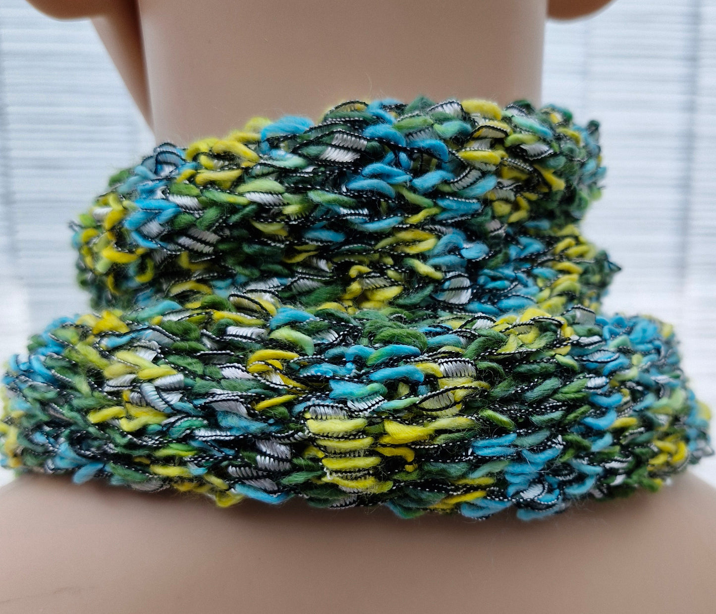 Women's Handmade Knitted Multi Coloured Ribbon Scarf - Green, Lime, Turquoise
