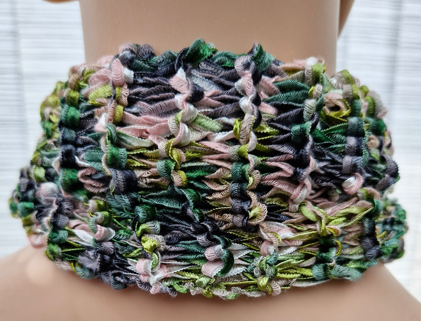 Women's Handmade Knitted Multi Coloured Ribbon Scarf - Green, Pink, Grey