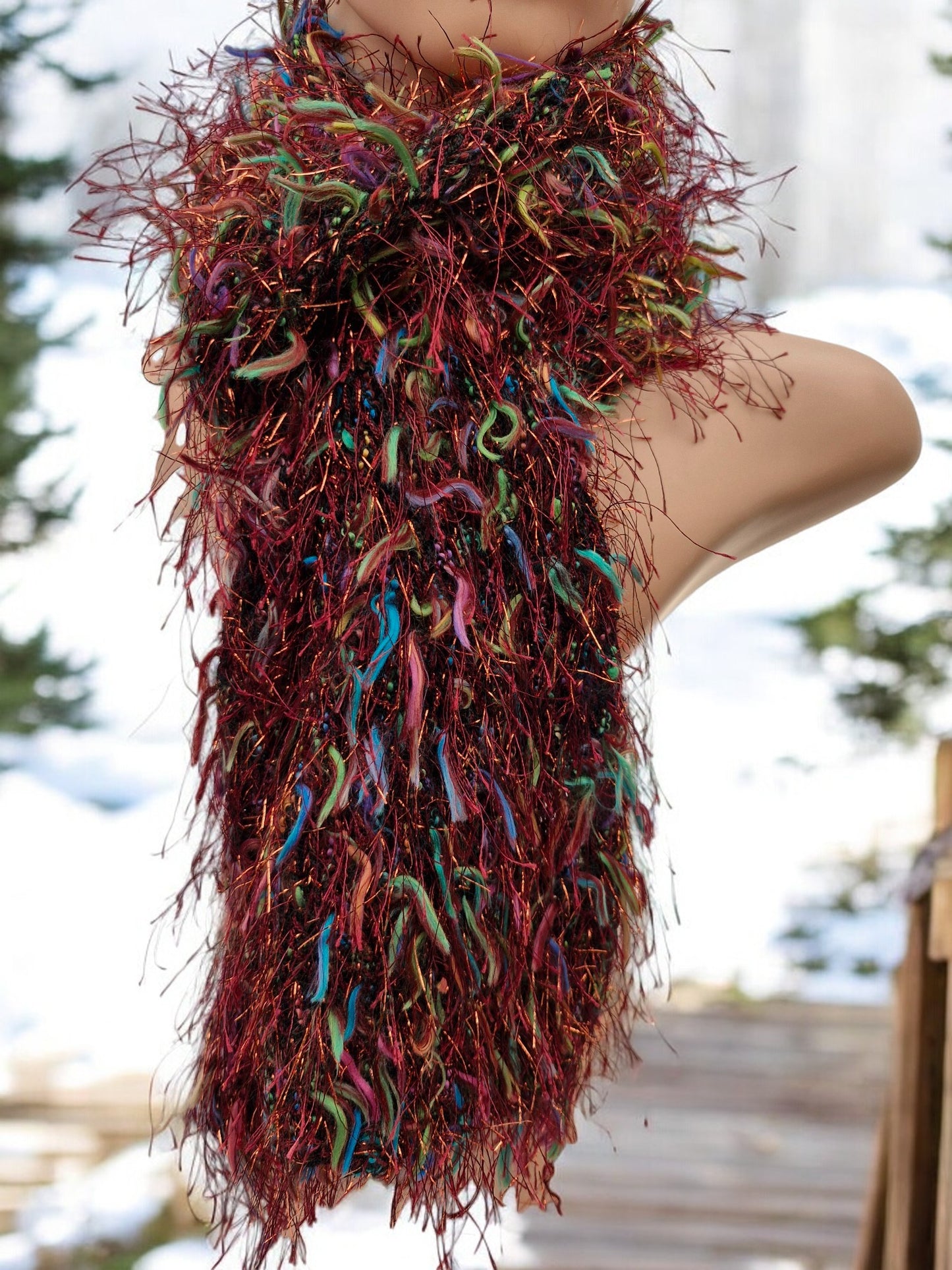Women's Handmade Knitted Brown Glitter Long Hair Scarf - Brown, Glitter, Multi