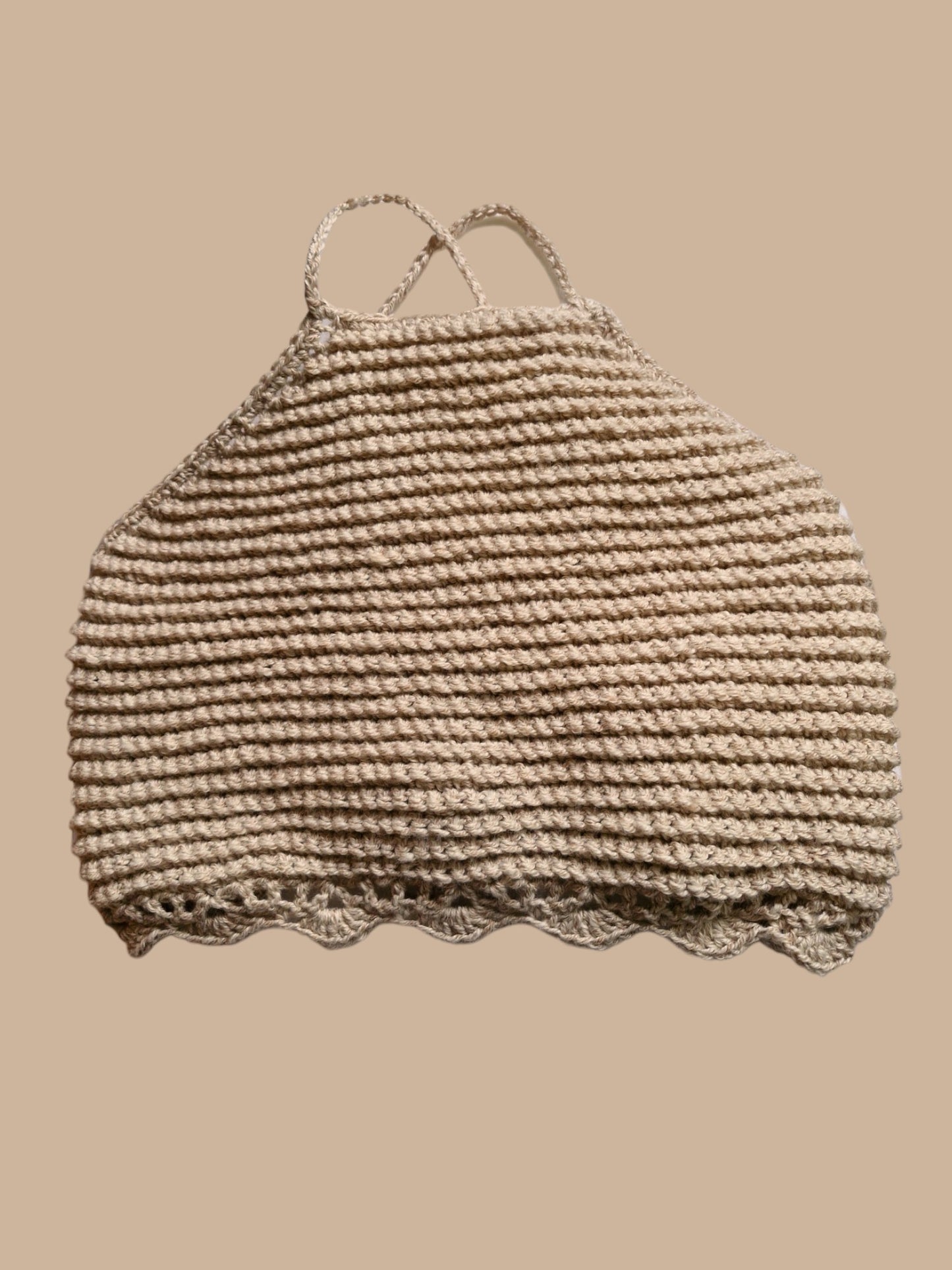 Women's Handmade Crochet Cropped Cross Back Top in Fawn with Lace Edging