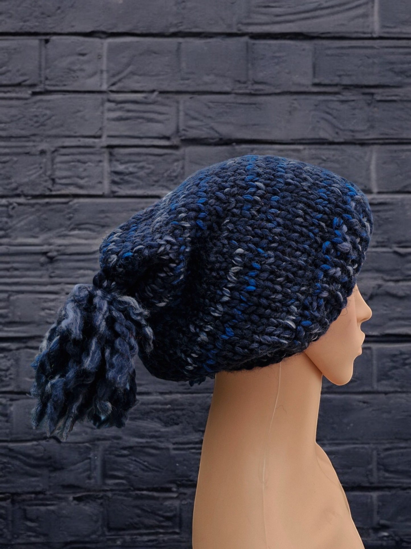 Women's Handmade Knitted Super Chunky Teabag Hat with Tassels in Dark Navy Blue tweed