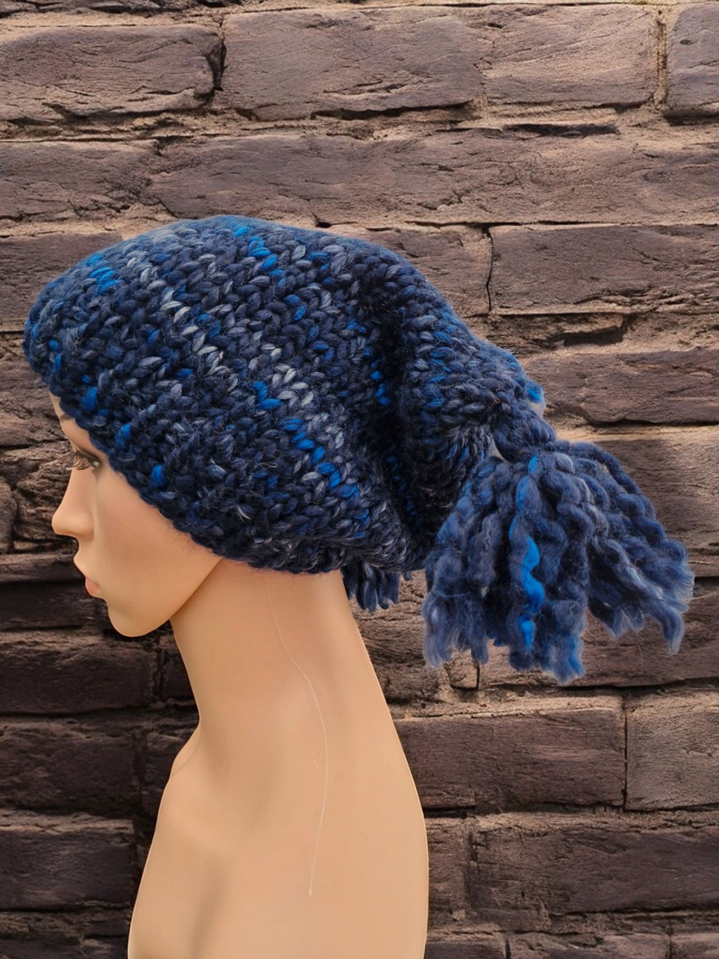 Women's Handmade Knitted Super Chunky Teabag Hat with Tassels in Dark Navy Blue tweed