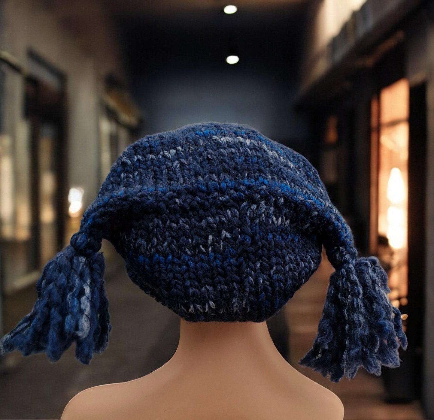 Women's Handmade Knitted Super Chunky Teabag Hat with Tassels in Dark Navy Blue tweed