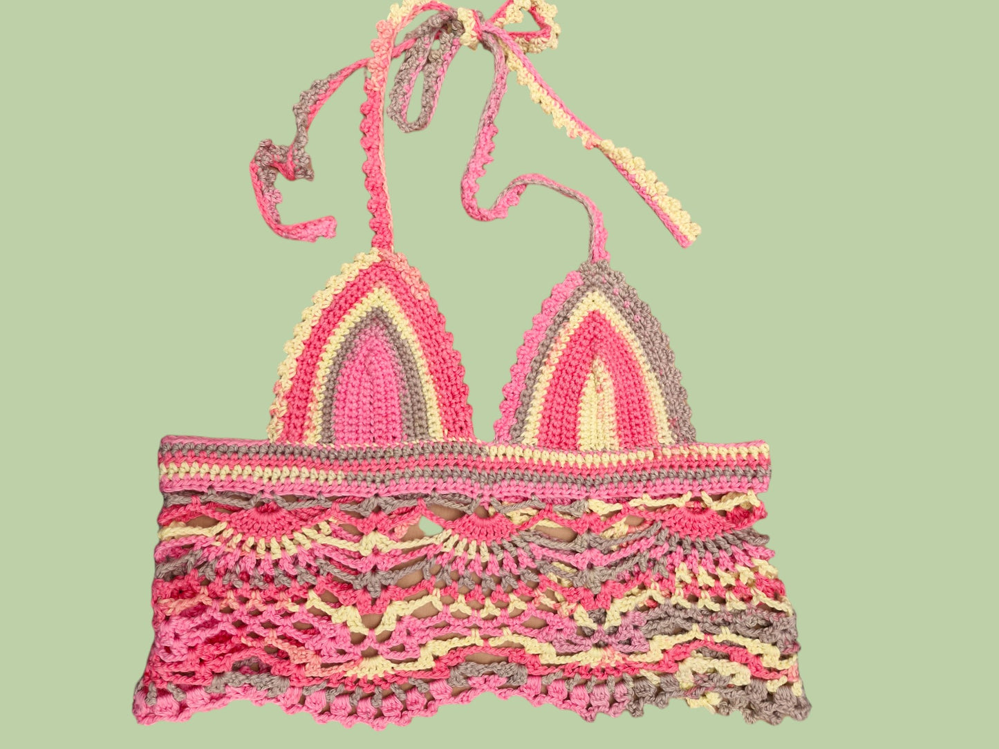 Women's Handmade Crochet Cropped Top with Pineapple Lace Skirt in Deep Pink/Yellow/Mink