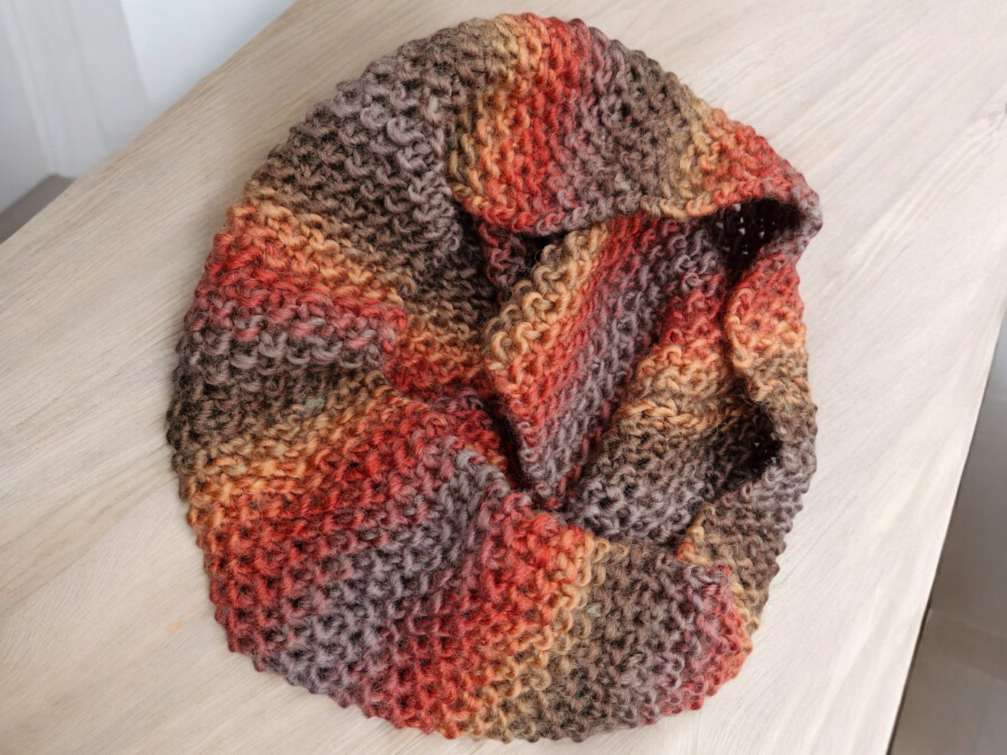 Adult's Handmade Knitted Moss Stitch Multi Rust Colour Cowl