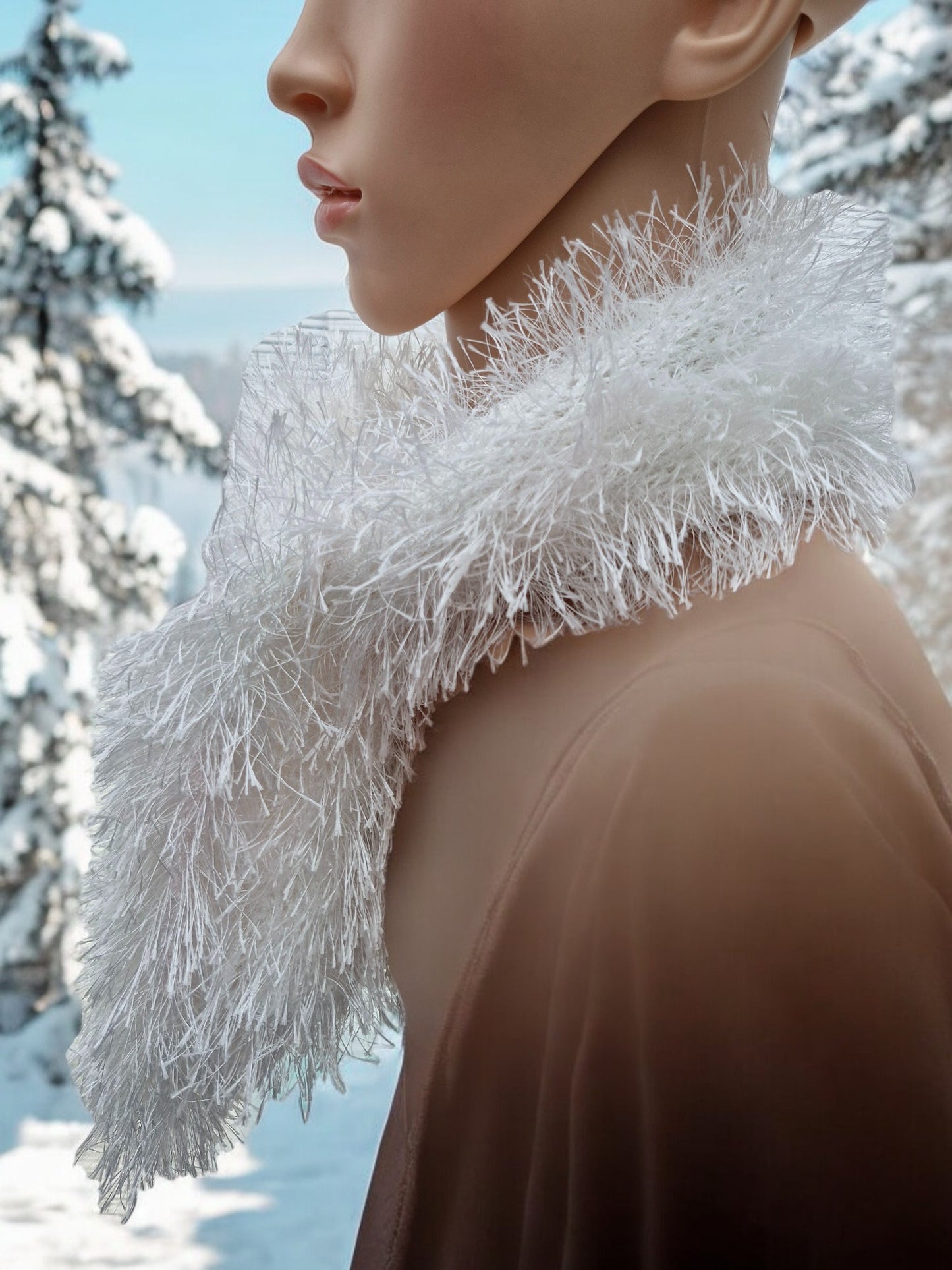 Women's Handmade Knitted White Tinsel Long Hair Scarf