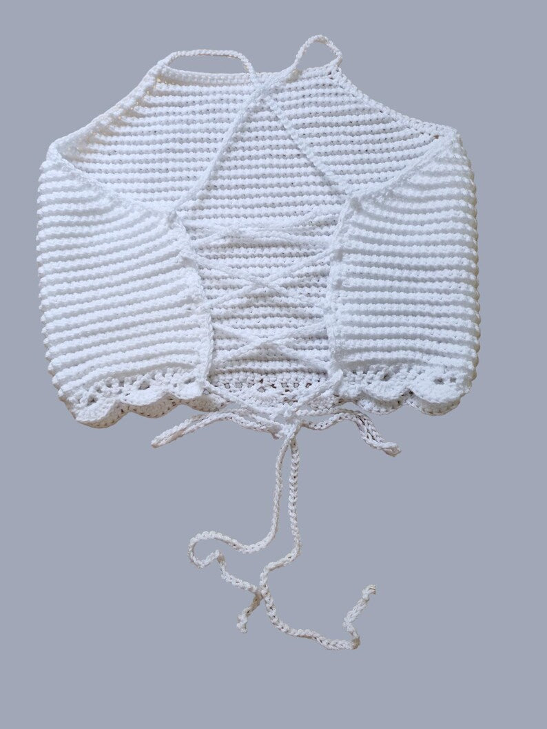 Women's Handmade Crochet Cropped Cross Back Top in White with Lace Edging