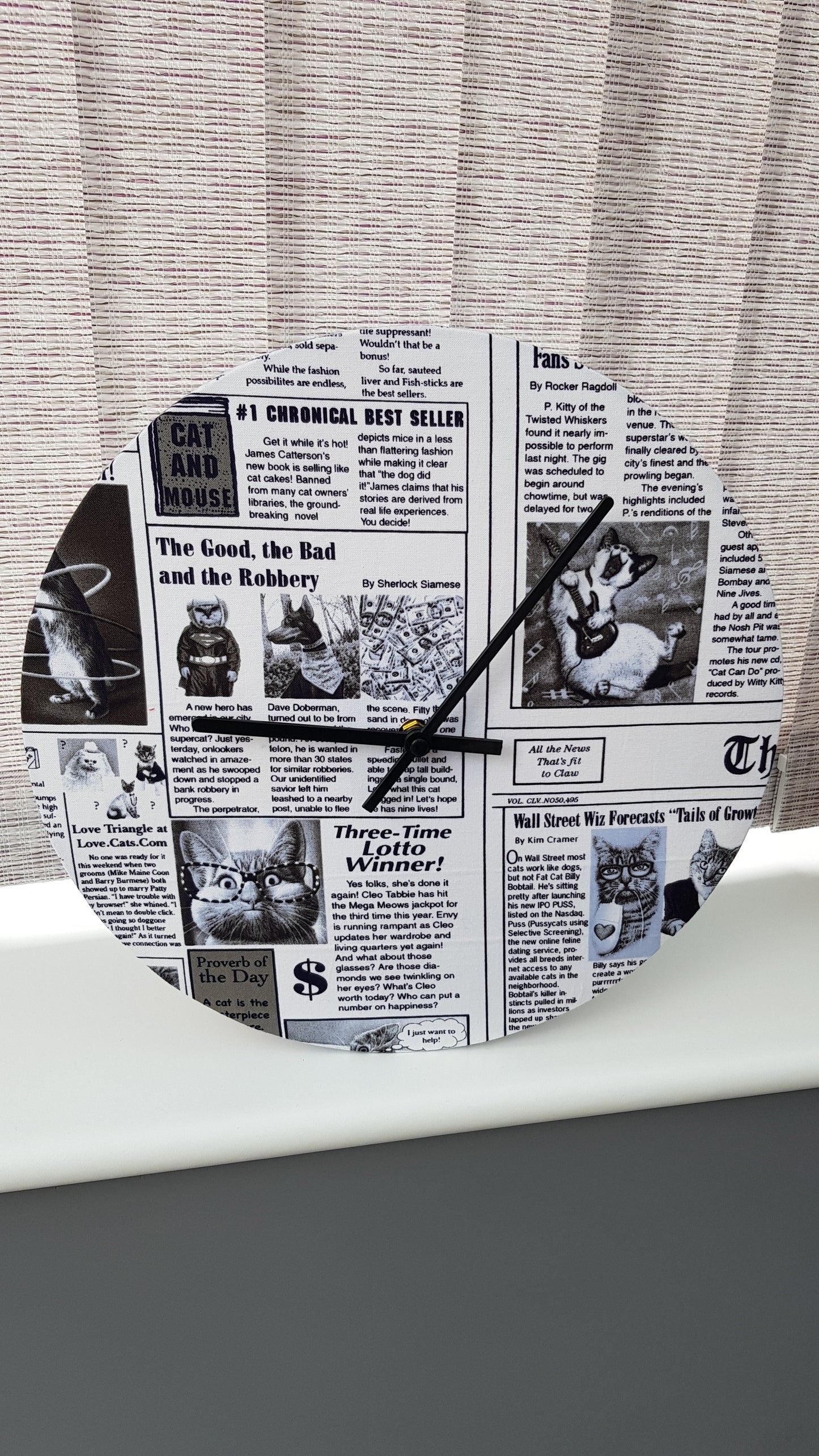 Cat Newspaper Clock Handmade 30cms 12" Diameter