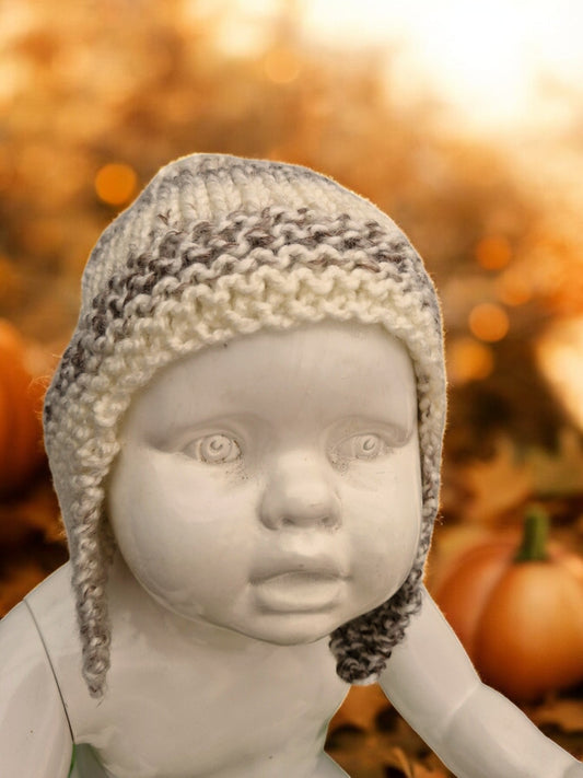 Baby's Handmade Knitted Ear Flap Helmet - Cream/Brown