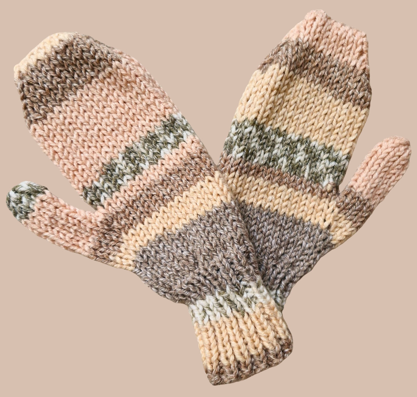 Adult's Mittens - Handmade Knitted Chunky Apricot Multi Colour