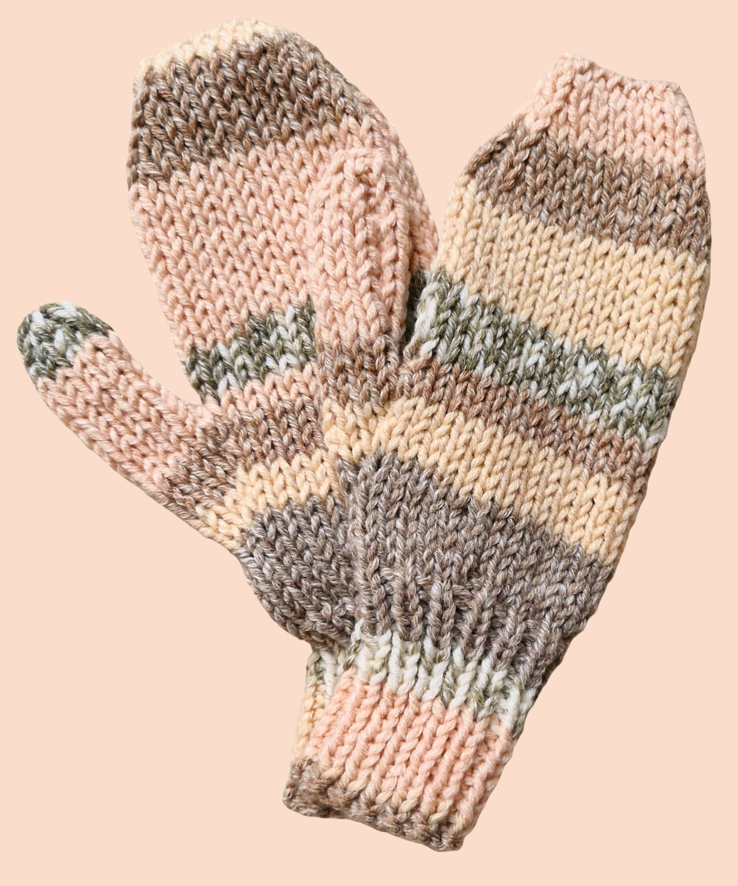 Adult's Mittens - Handmade Knitted Chunky Apricot Multi Colour