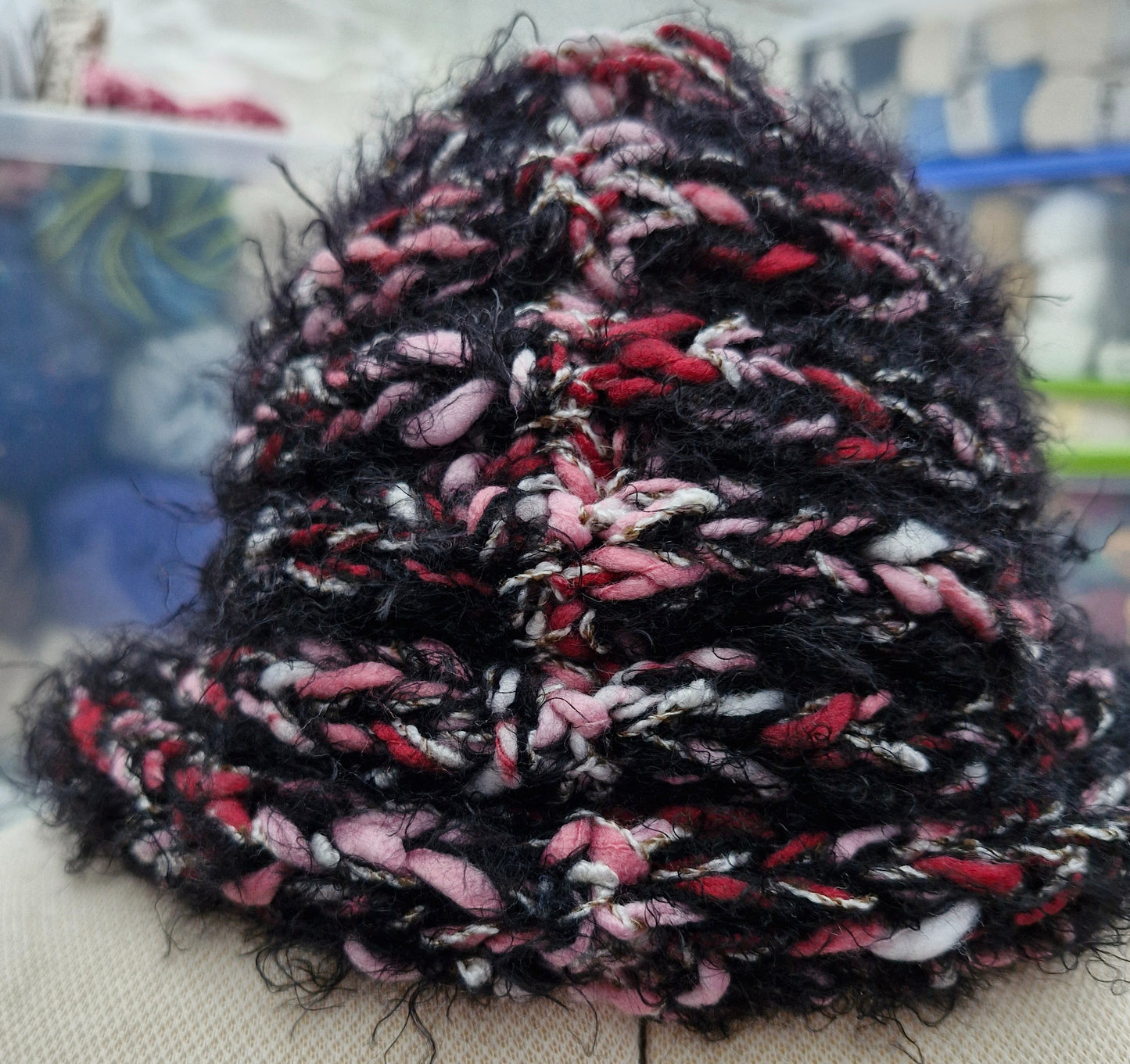 Adult's Handmade Knitted Chunky Black Fluffy Multi Colour Cowl