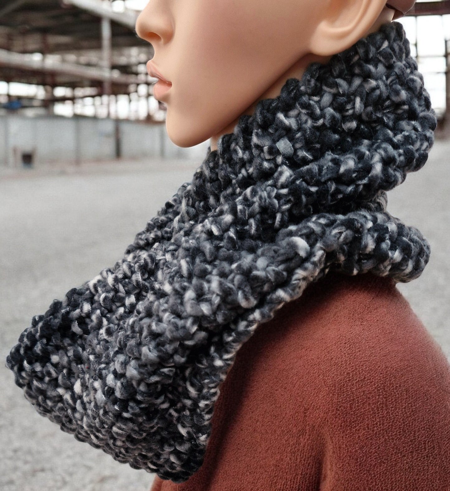 Women's Handmade Knitted Chunky Black Grey & White Cowl