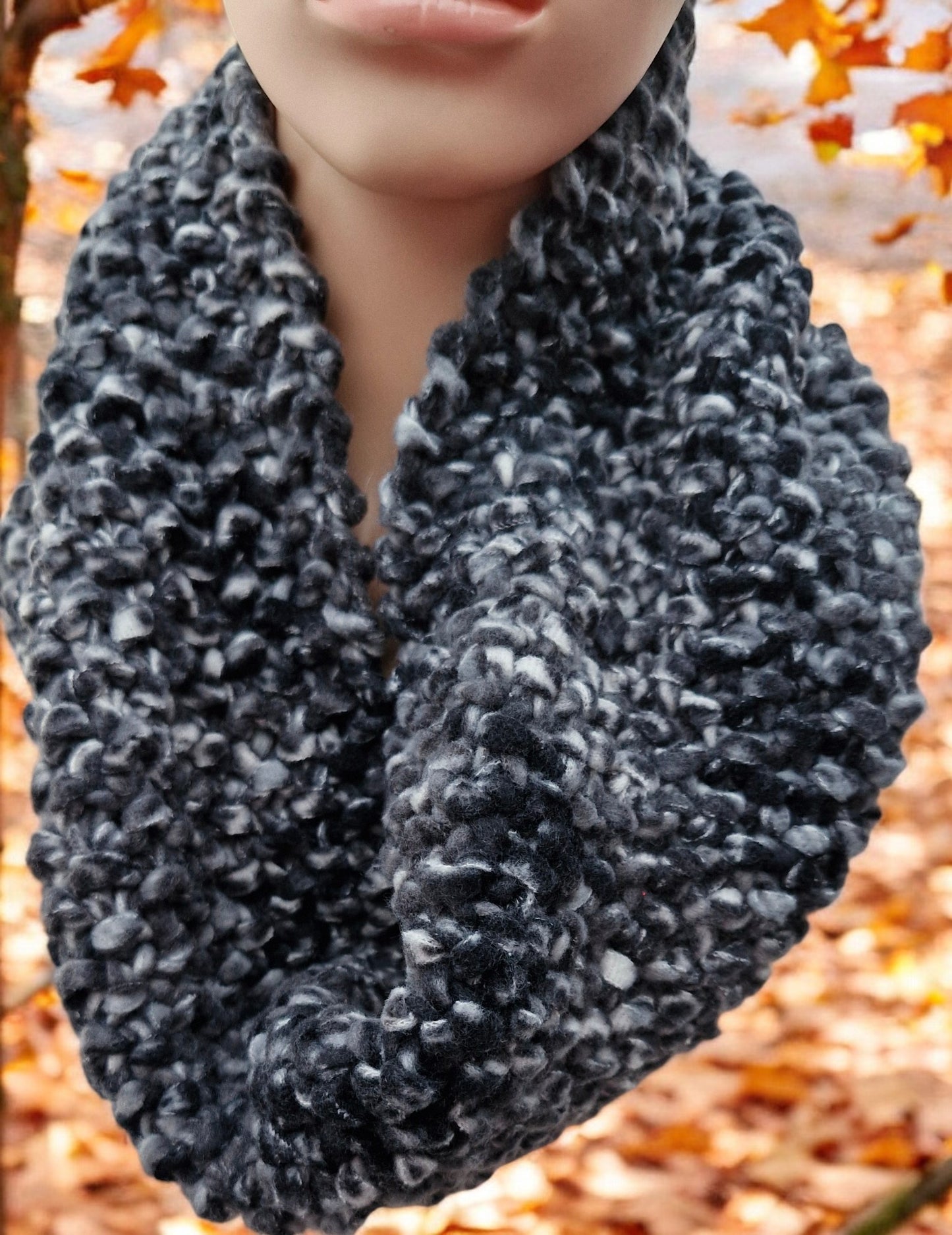 Women's Handmade Knitted Chunky Black Grey & White Cowl