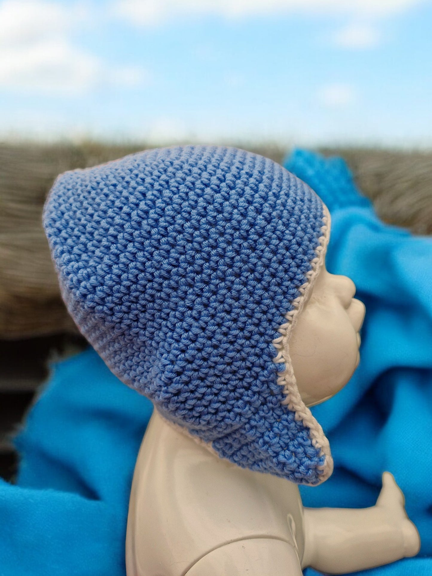 Baby's Handmade Crochet Ear Flap Helmet - Blue with White Trim