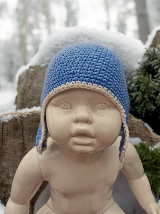 Baby's Handmade Crochet Ear Flap Helmet - Blue with White Trim