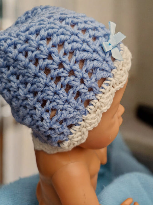 New Baby's Handmade Crochet Lace Hat - Denim Blue Wool