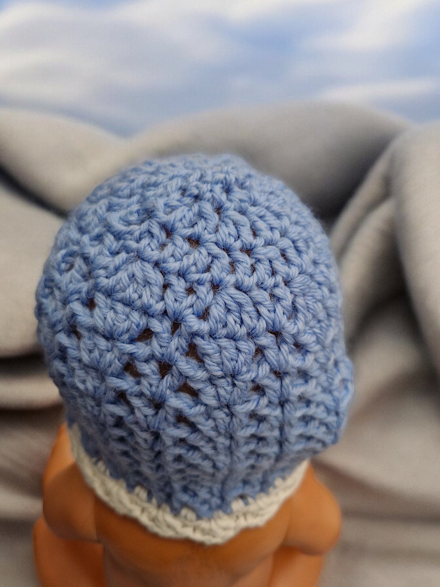 New Baby's Handmade Crochet Lace Hat - Denim Blue Wool