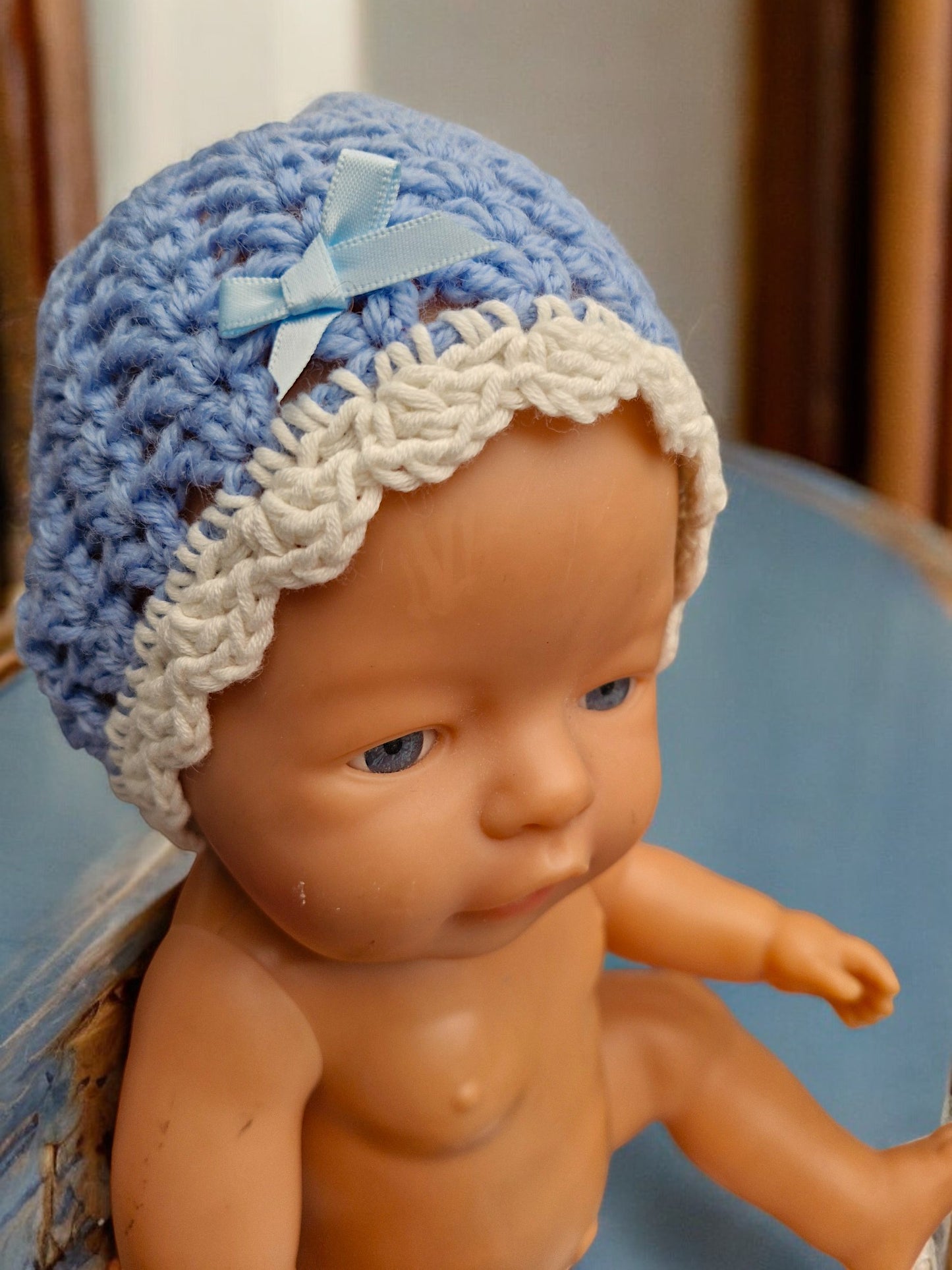 New Baby's Handmade Crochet Lace Hat - Denim Blue Wool