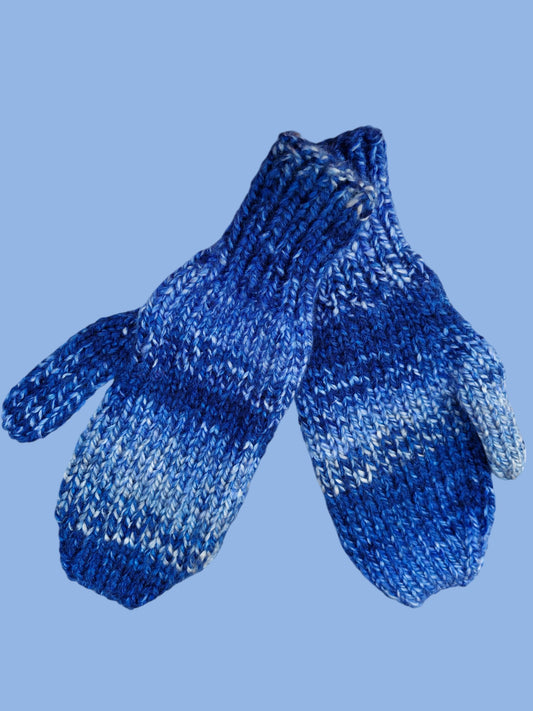 Adult's Mittens - Handmade Knitted Chunky Blues Tweed