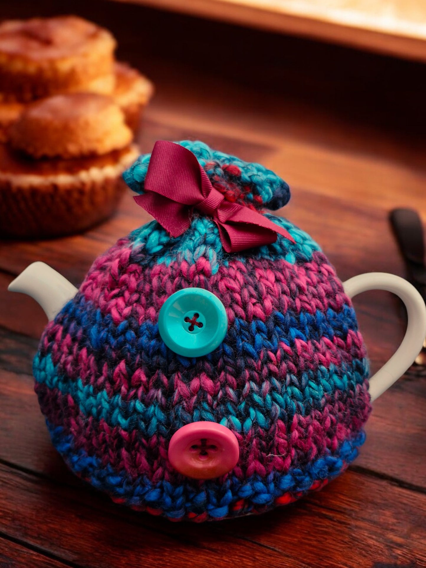 Handmade Knitted Chunky Small Tea Cosy Red, Navy, Dark Cerise, Dark Turquoise