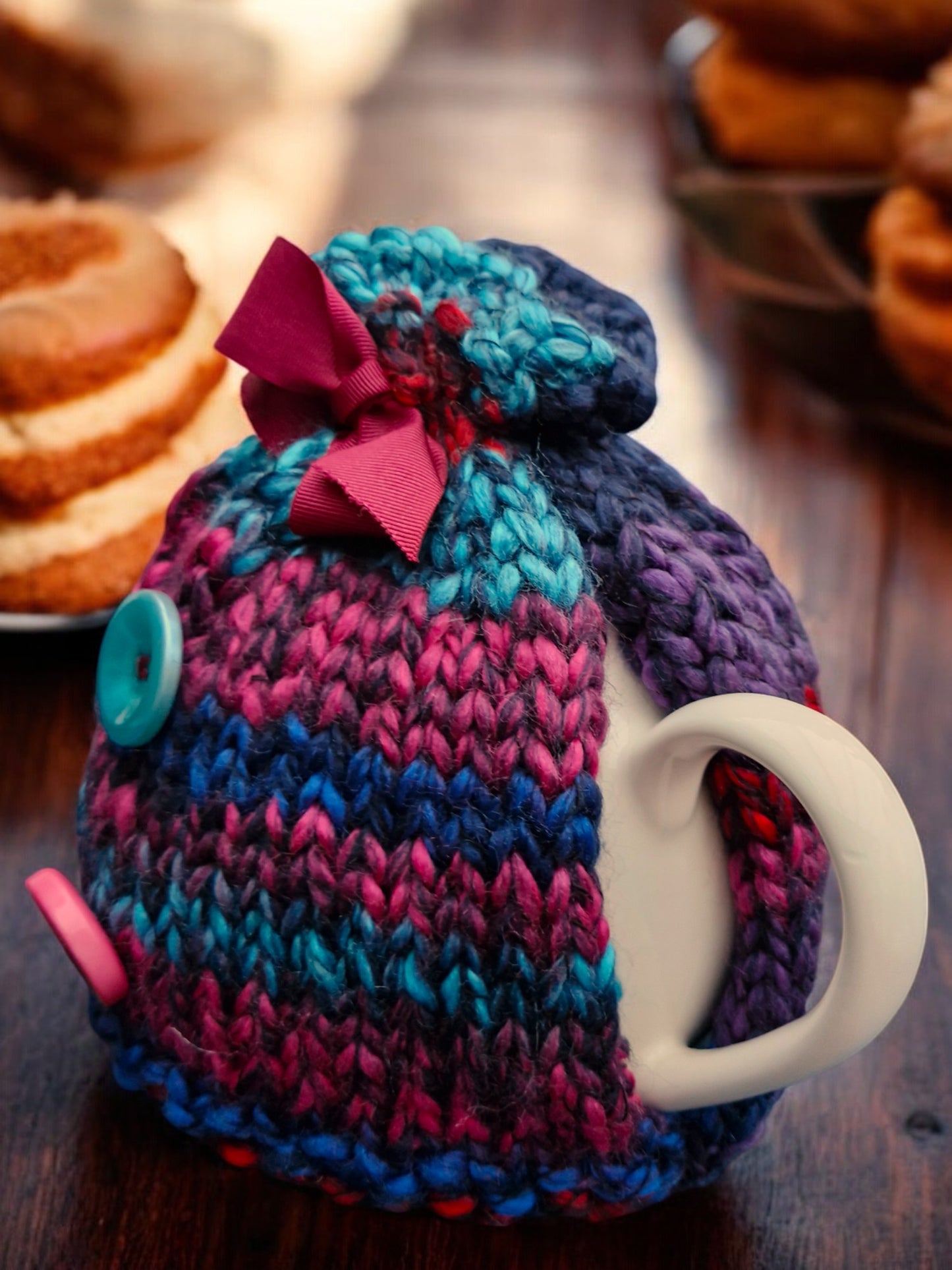 Handmade Knitted Chunky Small Tea Cosy Red, Navy, Dark Cerise, Dark Turquoise