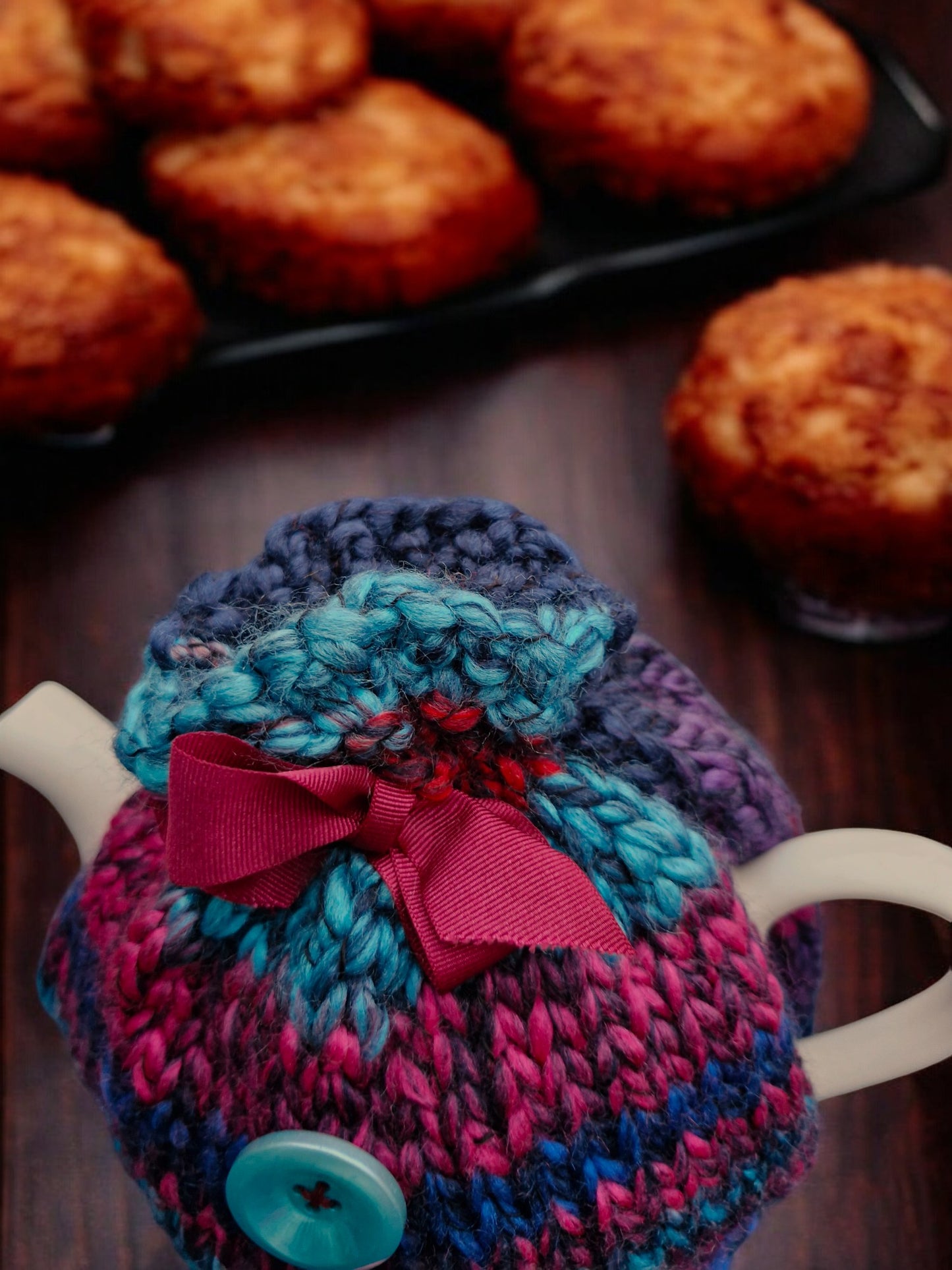 Handmade Knitted Chunky Small Tea Cosy Red, Navy, Dark Cerise, Dark Turquoise