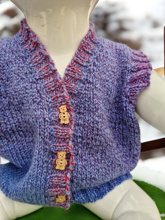 Baby's Hand Knitted Sleeveless Blue/Red Tweed Waistcoat