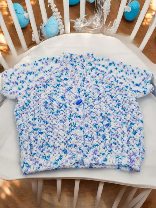 Children's Hand Knitted Lace Cardigan in Blue and White