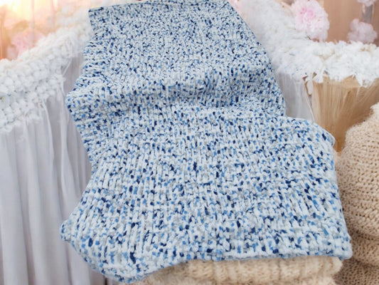 Baby's Handmade Knitted Cot or Pram Blanket in Blue and White