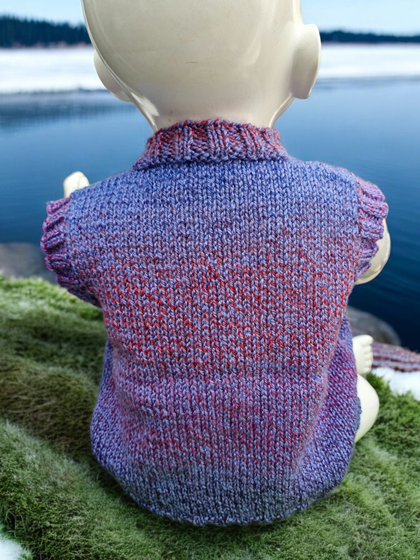 Baby's Hand Knitted Sleeveless Blue/Red Tweed Waistcoat