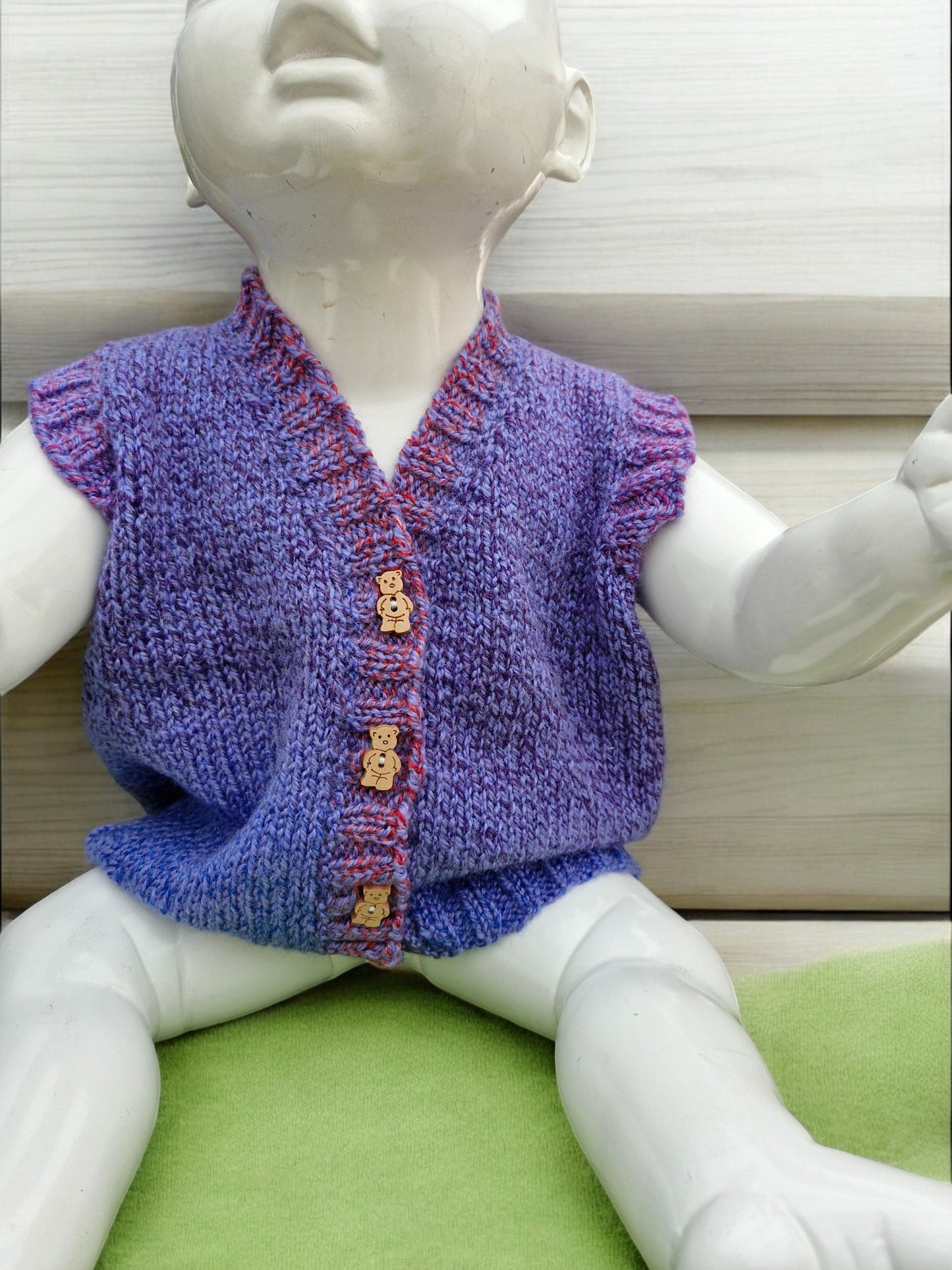 Baby's Hand Knitted Sleeveless Blue/Red Tweed Waistcoat