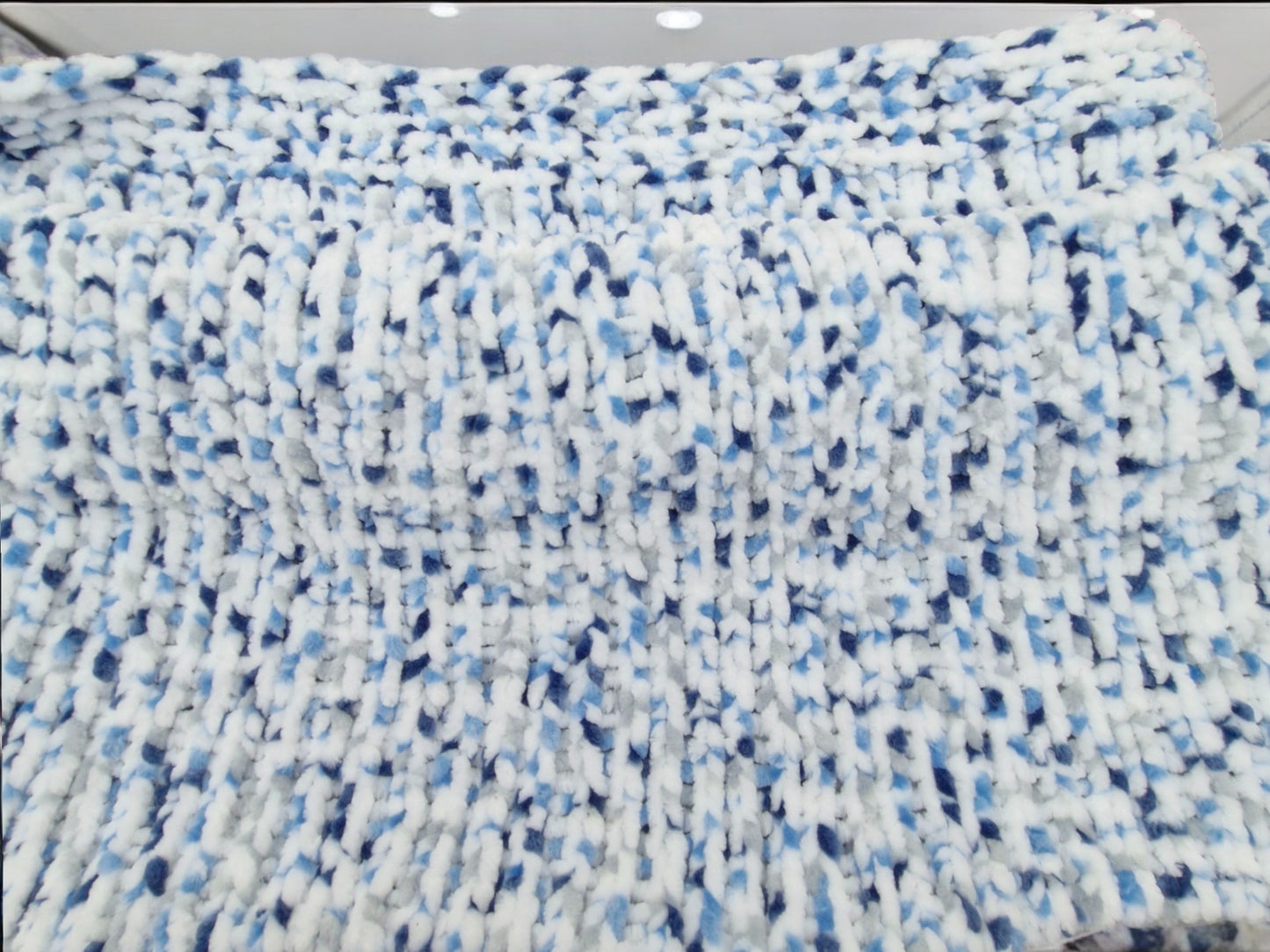 Baby's Handmade Knitted Cot or Pram Blanket in Blue and White