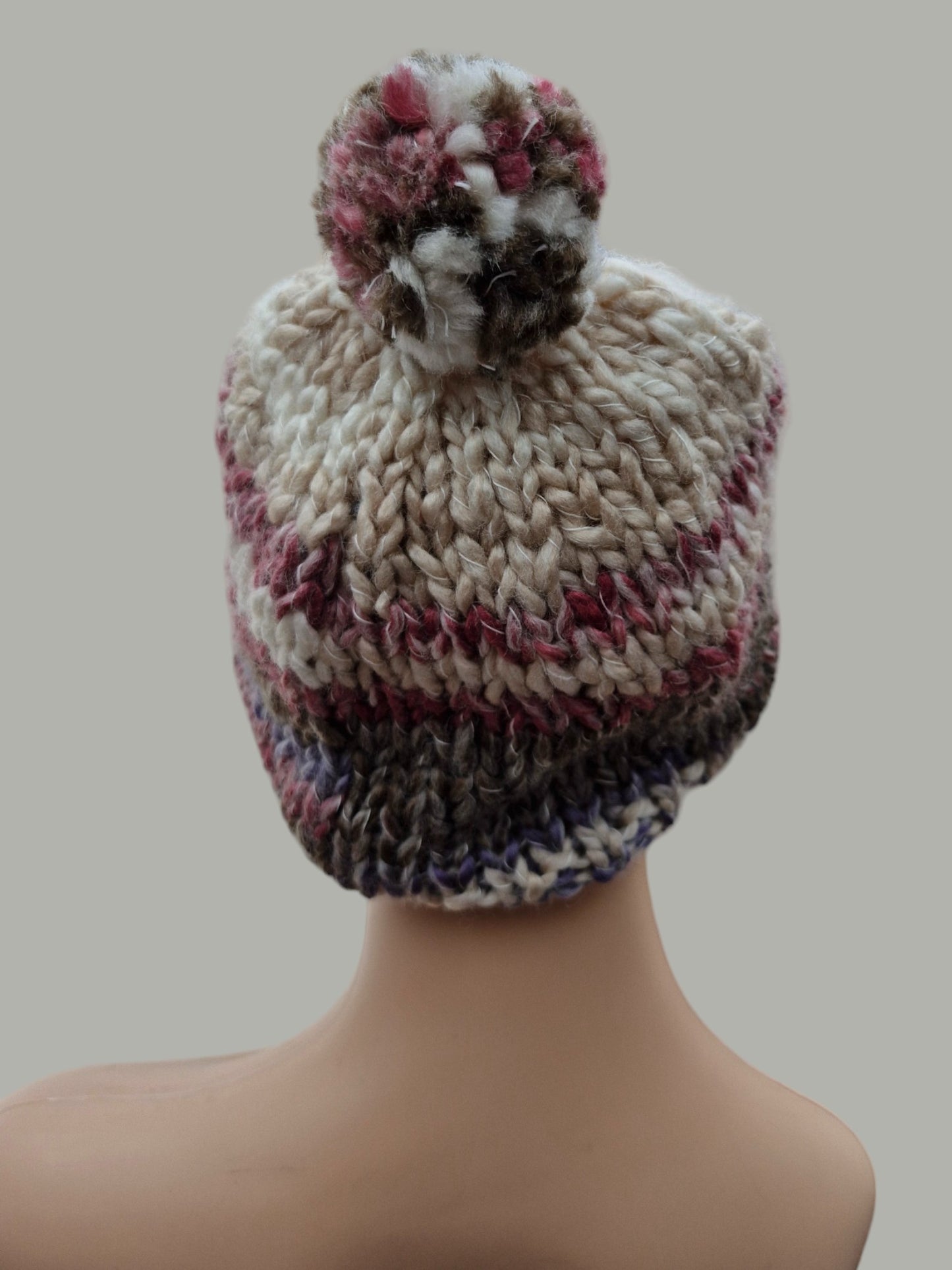 Adult's Handmade Knitted Chunky Thick Hat with Bobble