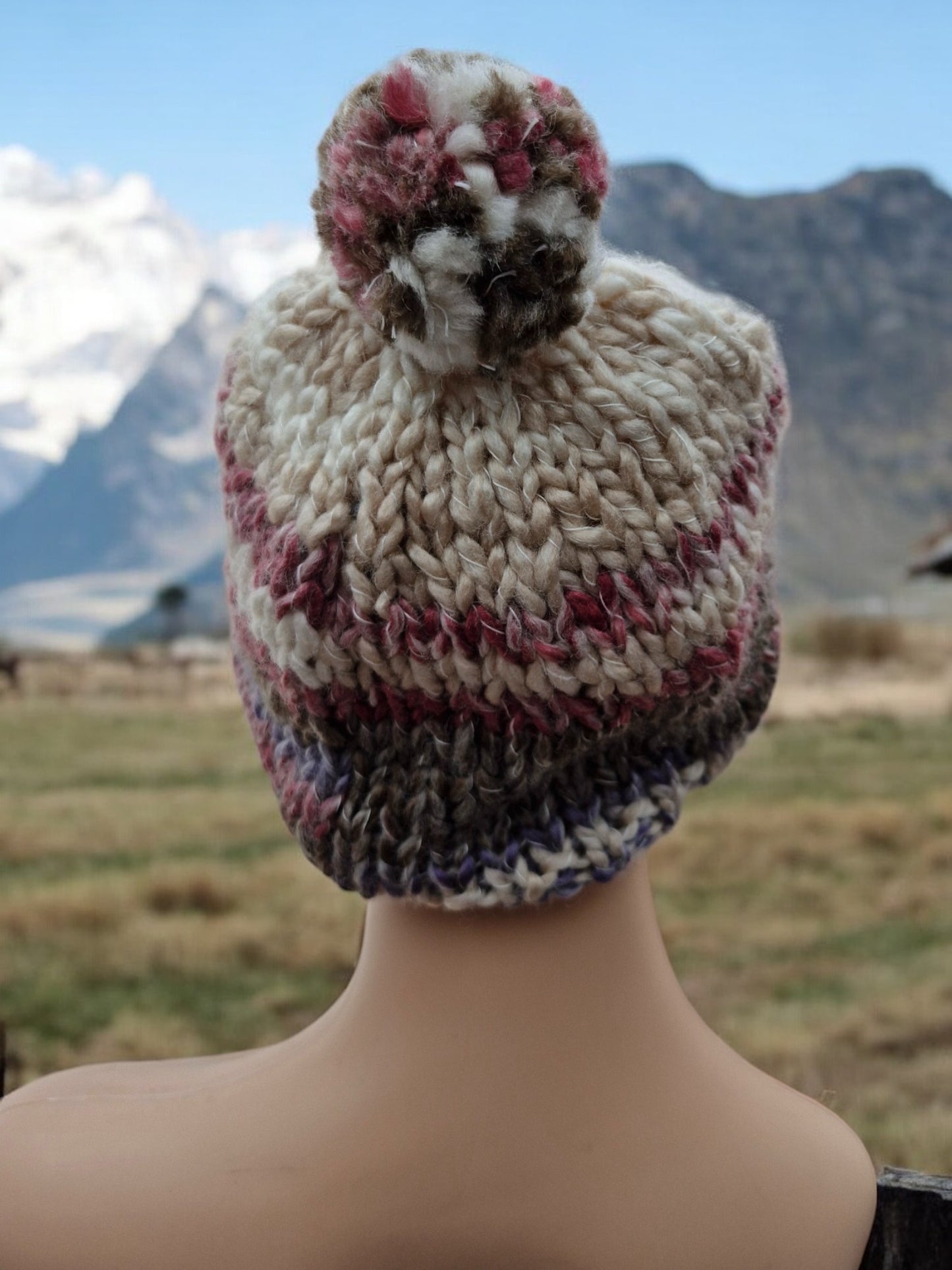 Adult's Handmade Knitted Chunky Thick Hat with Bobble