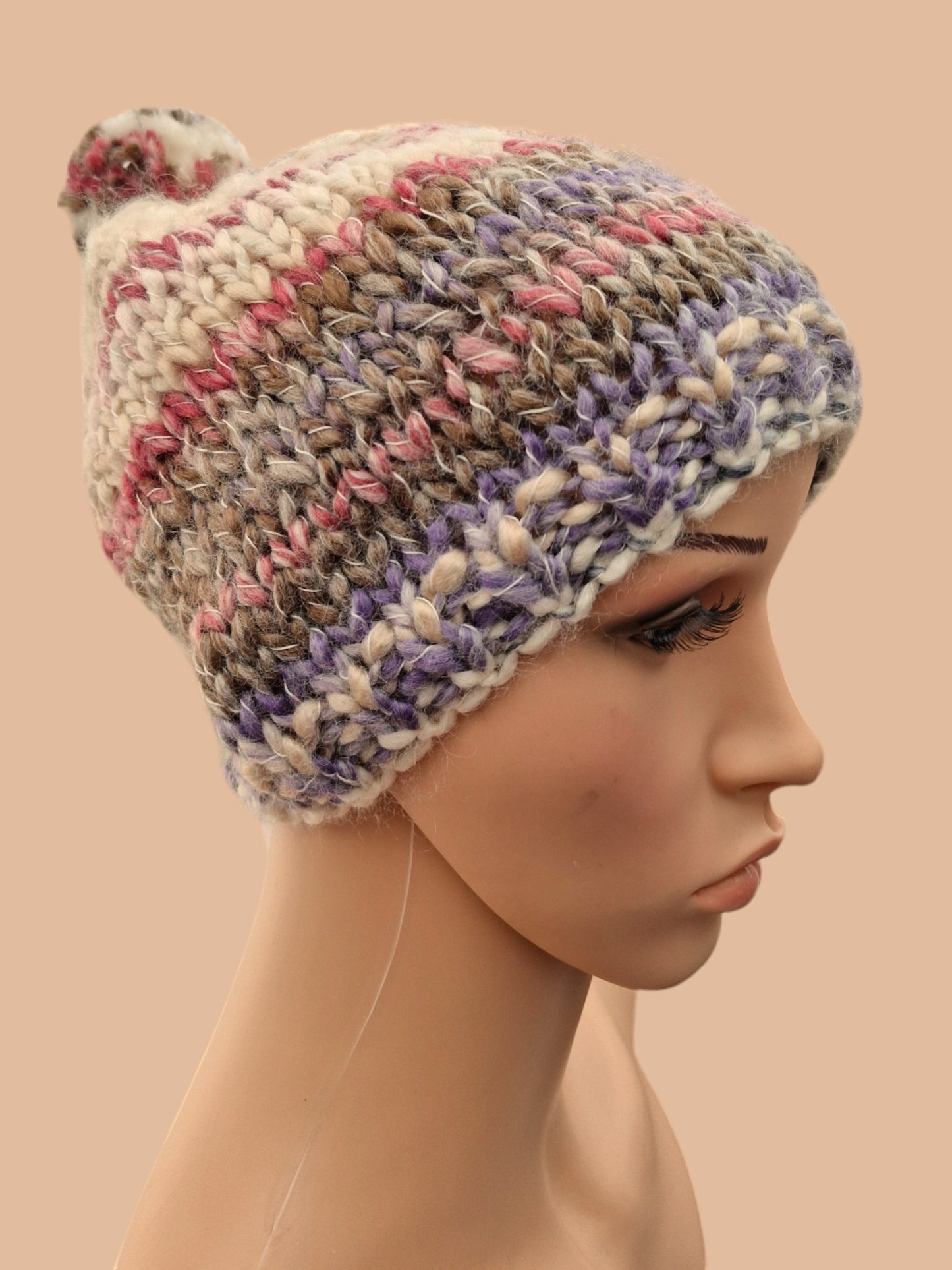 Adult's Handmade Knitted Chunky Thick Hat with Bobble