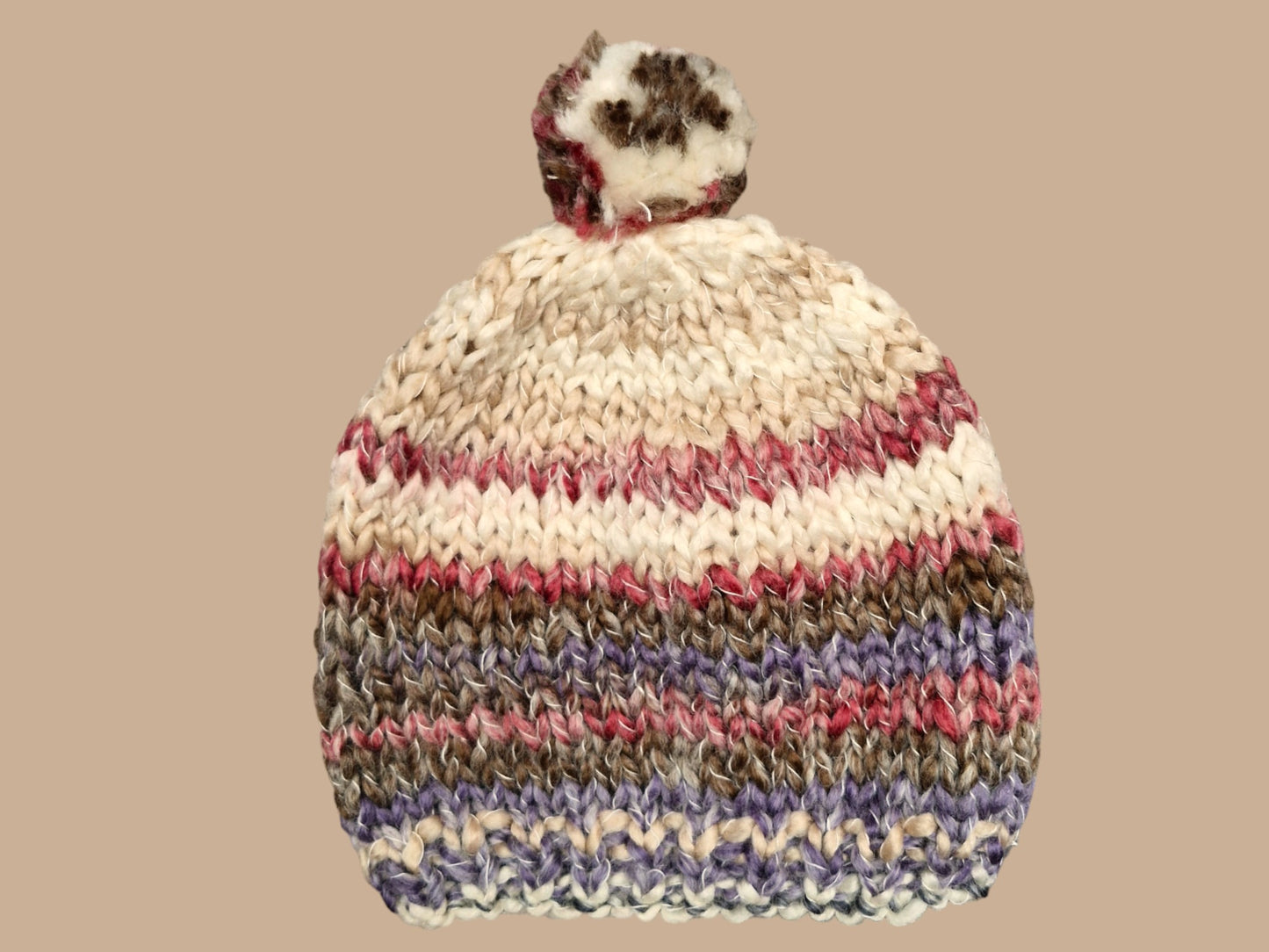 Adult's Handmade Knitted Chunky Thick Hat with Bobble