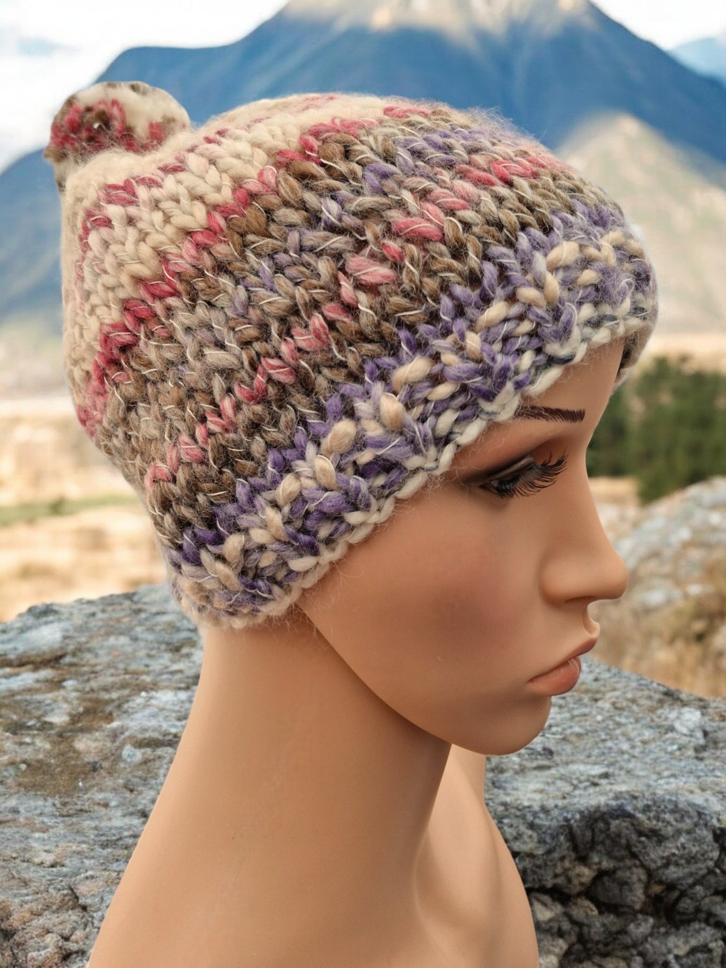 Adult's Handmade Knitted Chunky Thick Hat with Bobble