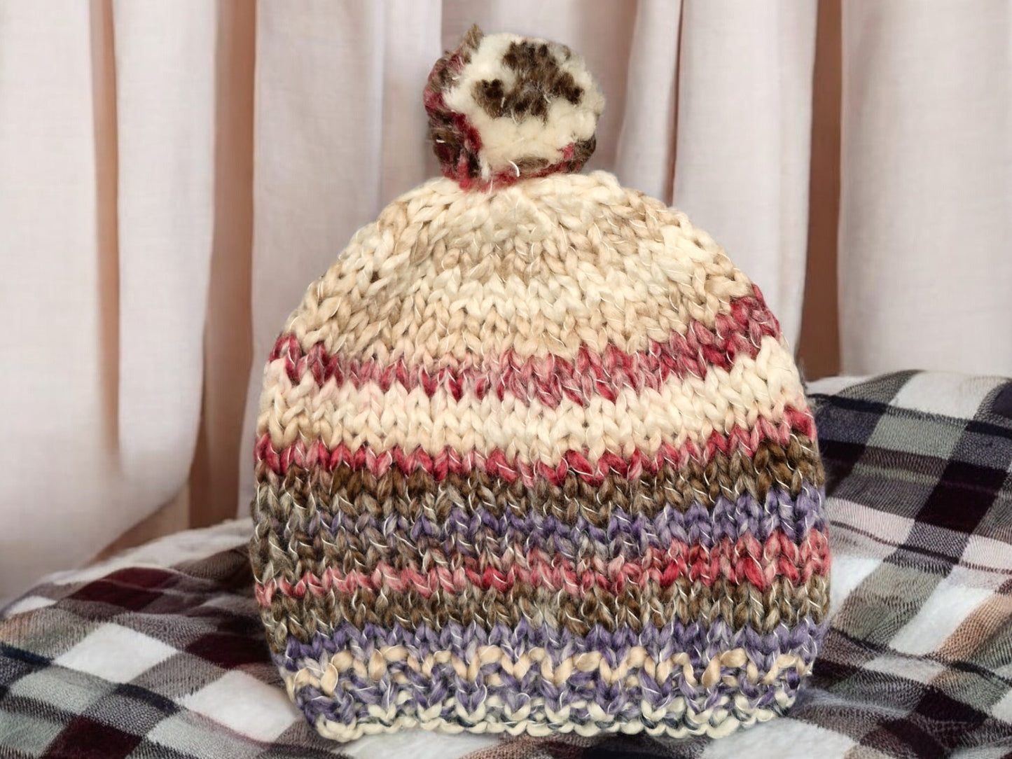 Adult's Handmade Knitted Chunky Thick Hat with Bobble