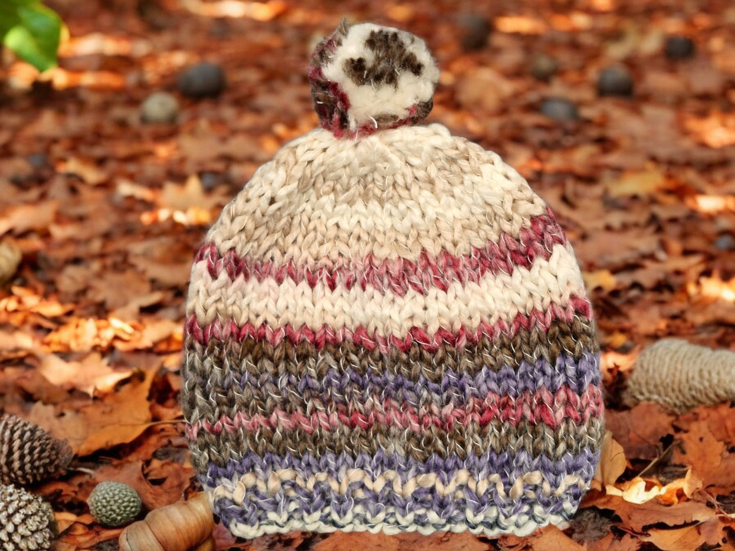 Adult's Handmade Knitted Chunky Thick Hat with Bobble