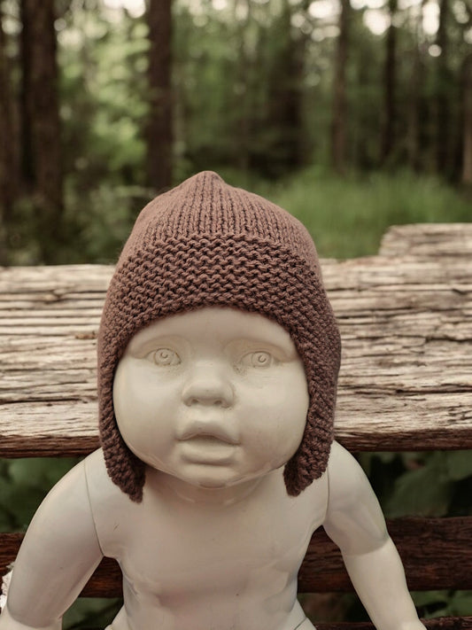 Baby's Handmade Knitted Ear Flap Bobble Helmet - Brown