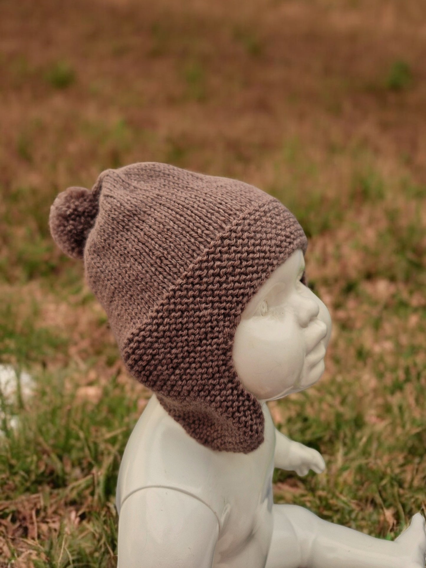 Baby's Handmade Knitted Ear Flap Bobble Helmet - Brown