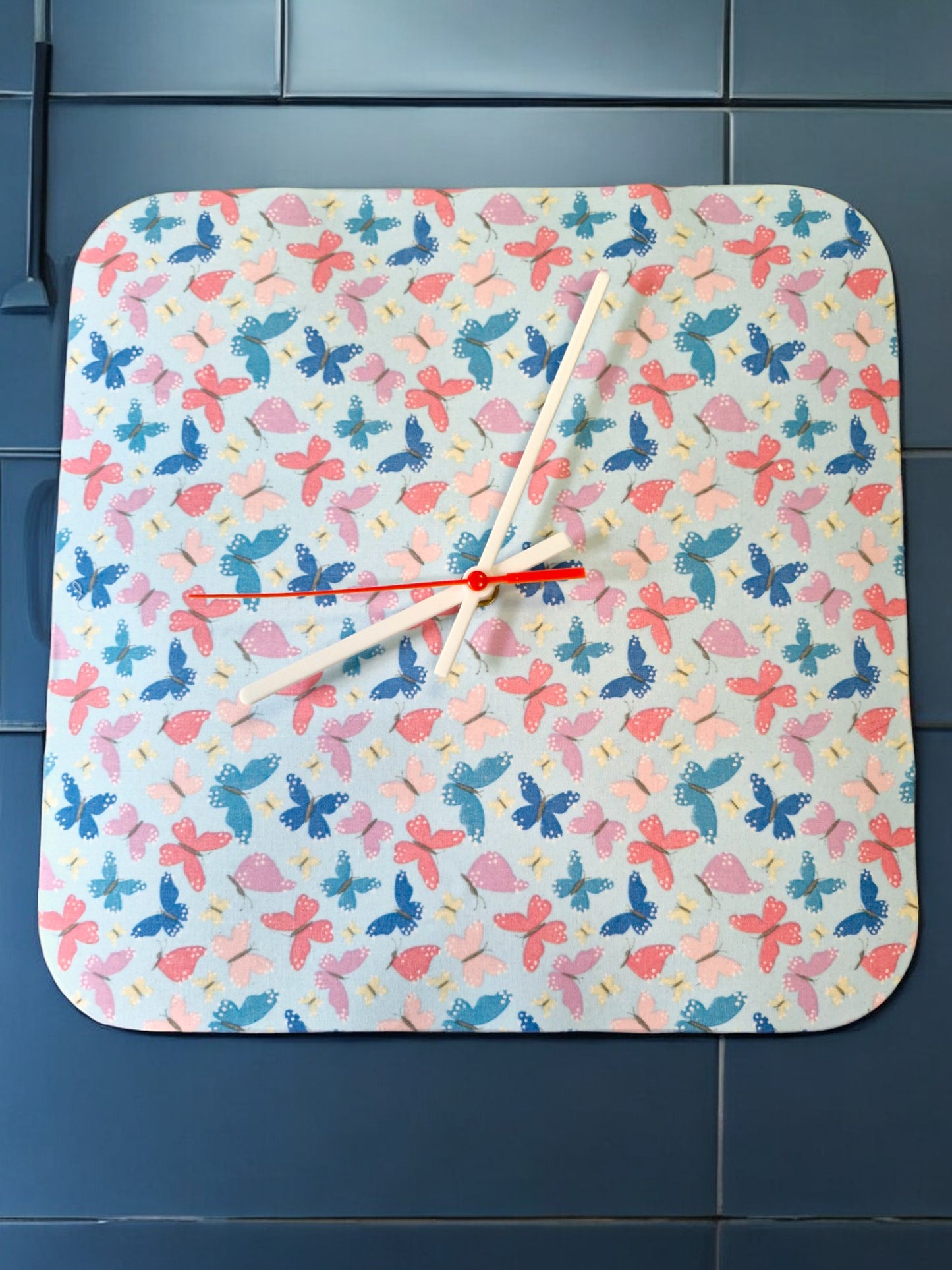 Square Clock Blue and Pink Butterflies Handmade 30cms 12" Square