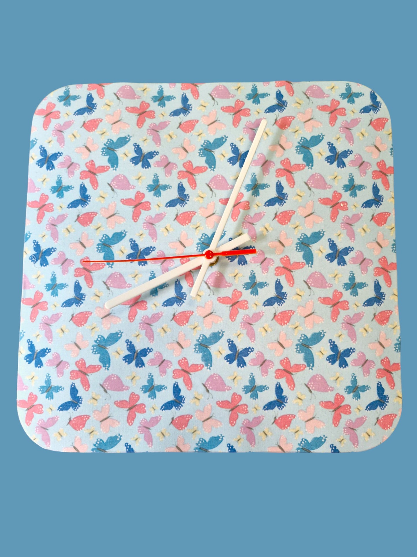 Square Clock Blue and Pink Butterflies Handmade 30cms 12" Square