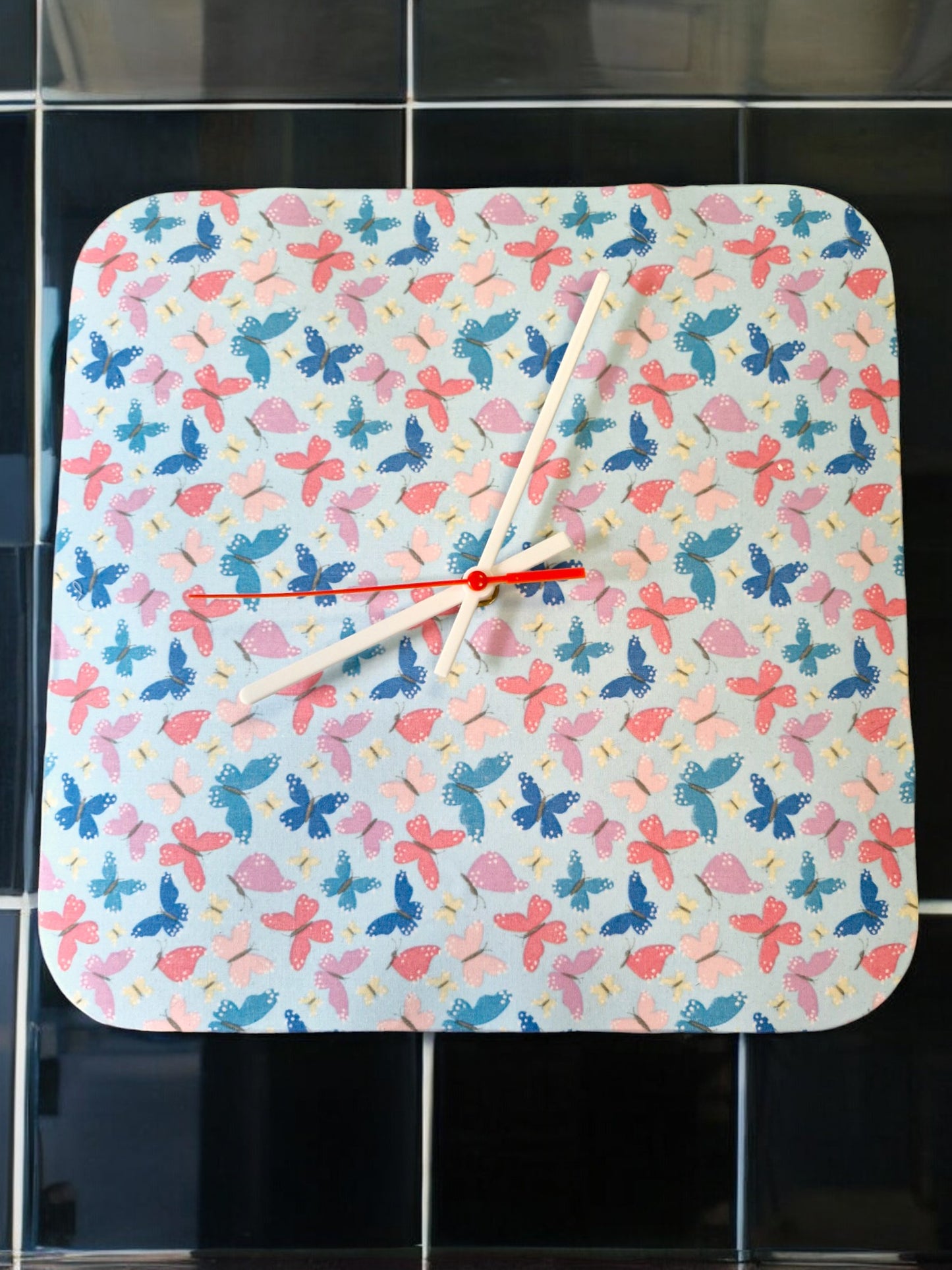 Square Clock Blue and Pink Butterflies Handmade 30cms 12" Square