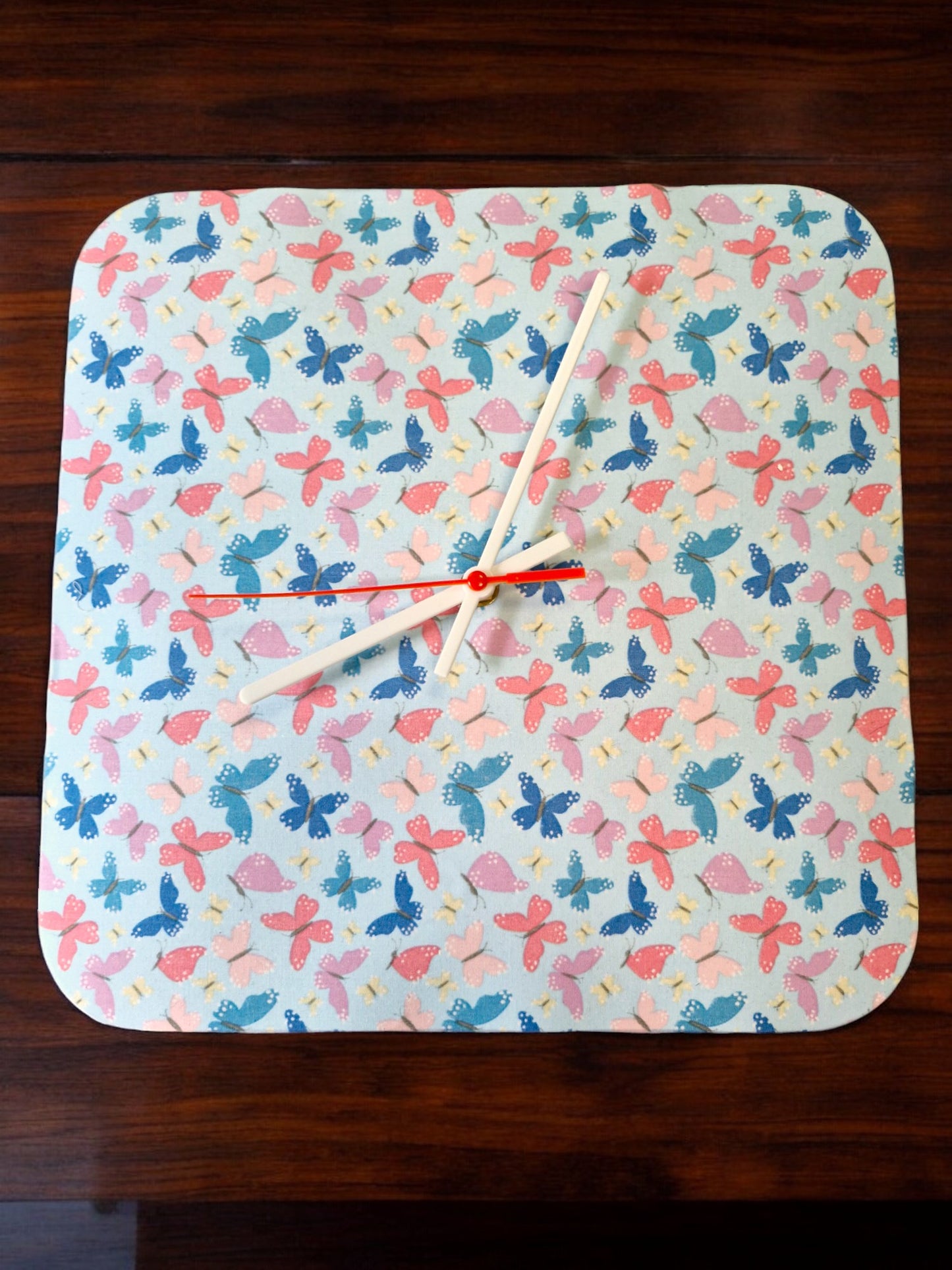 Square Clock Blue and Pink Butterflies Handmade 30cms 12" Square