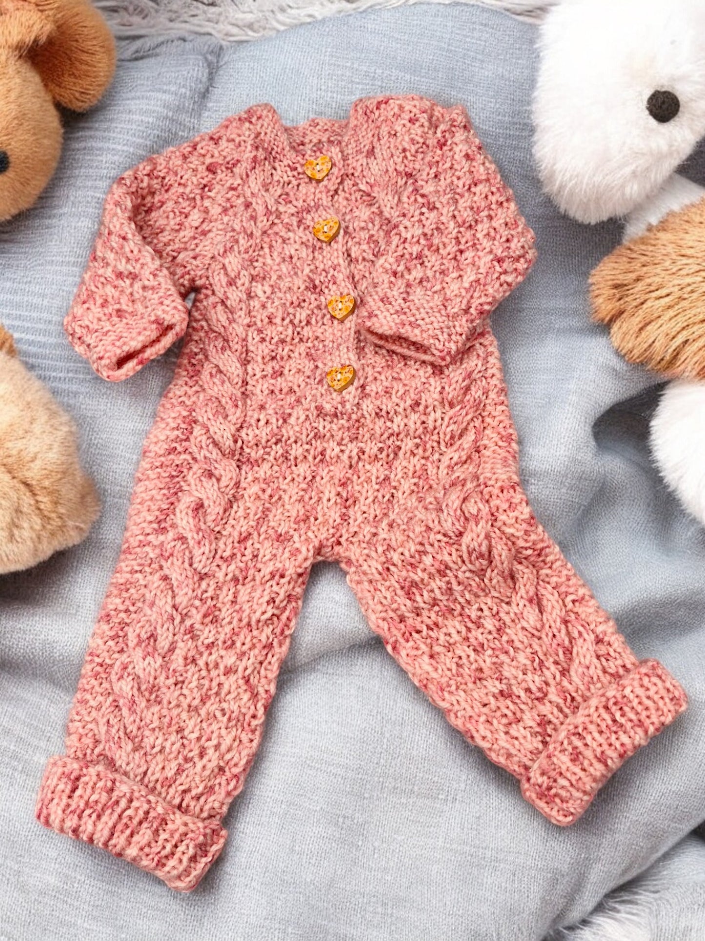 Baby's Hand Knitted Onesie and Hat - Cable & Moss Stitch, Salmon Pink