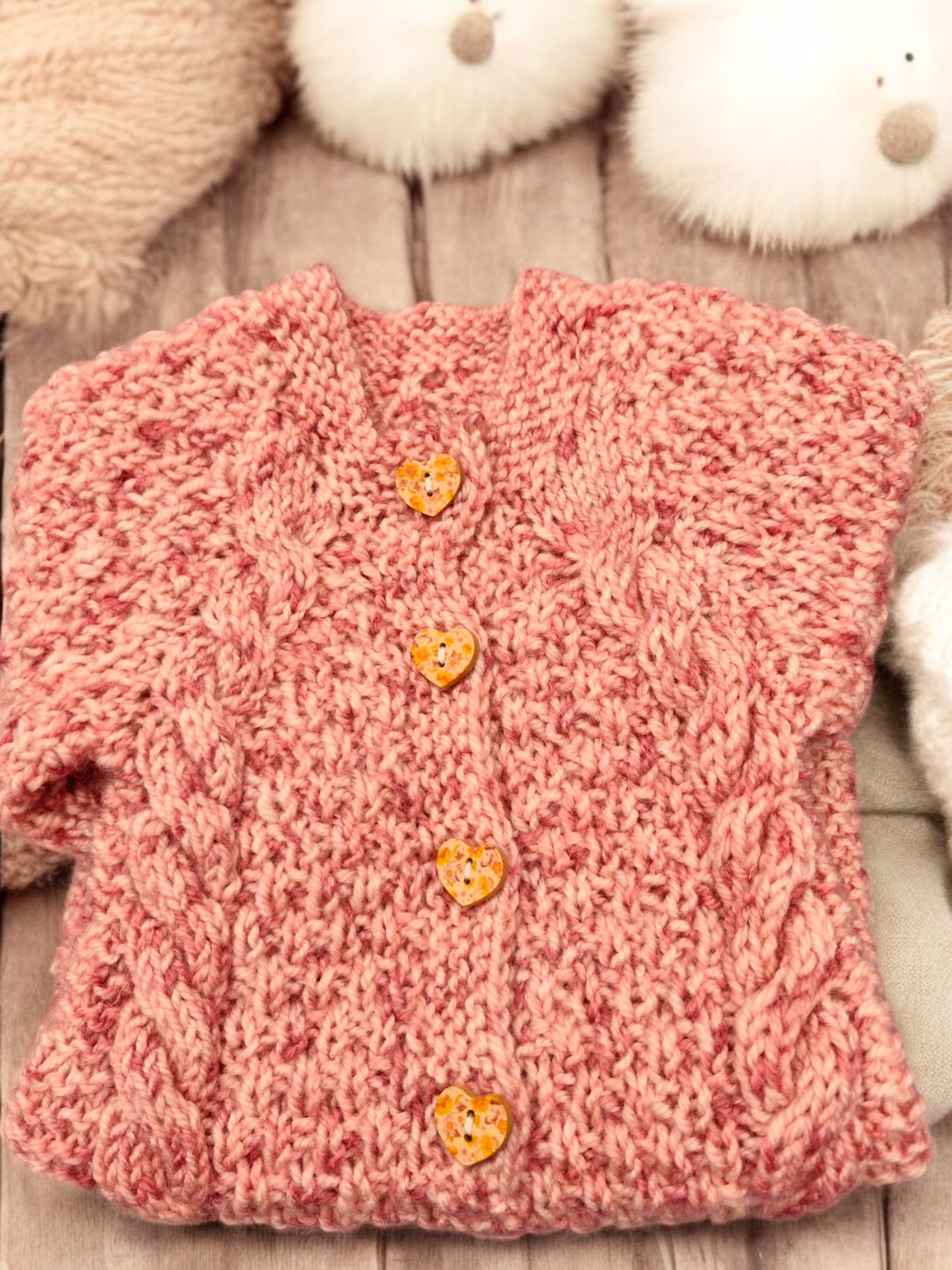 Baby's Hand Knitted Onesie and Hat - Cable & Moss Stitch, Salmon Pink