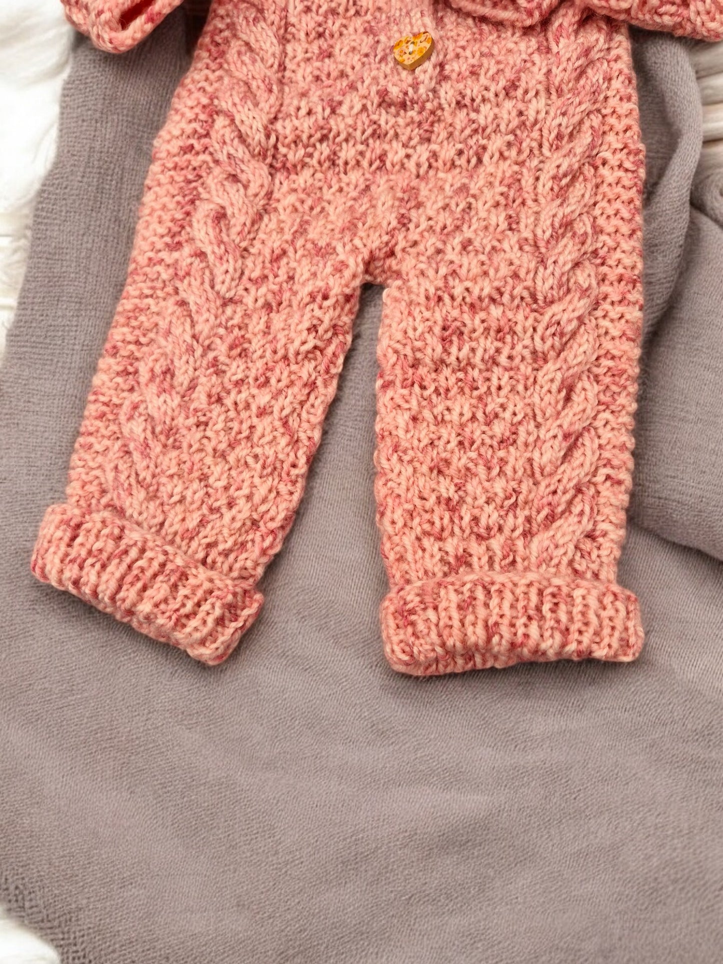 Baby's Hand Knitted Onesie and Hat - Cable & Moss Stitch, Salmon Pink