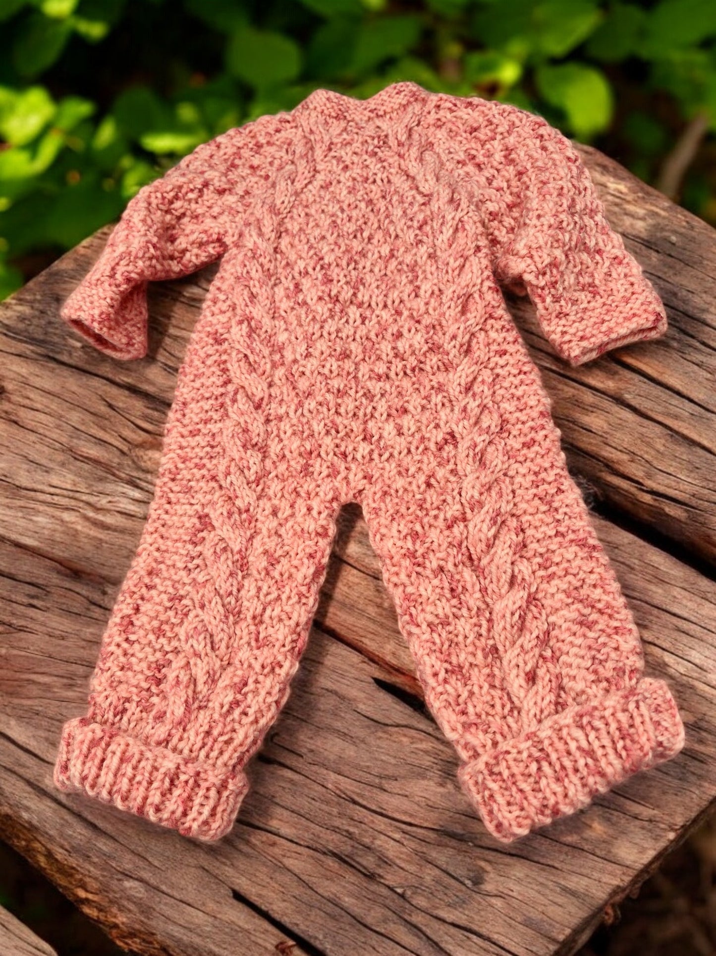 Baby's Hand Knitted Onesie and Hat - Cable & Moss Stitch, Salmon Pink